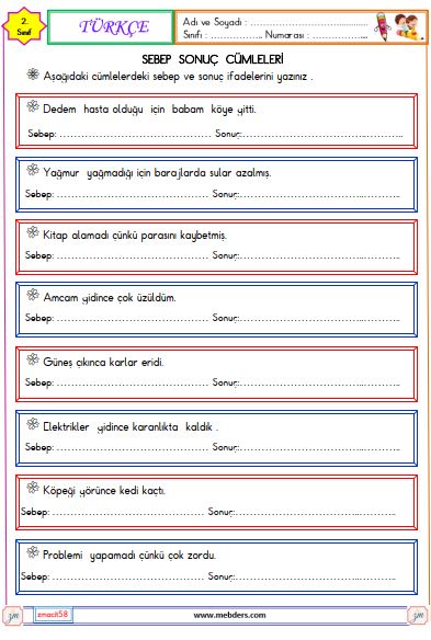 2. Sınıf Türkçe Sebep Sonuç Cümleleri Etkinliği